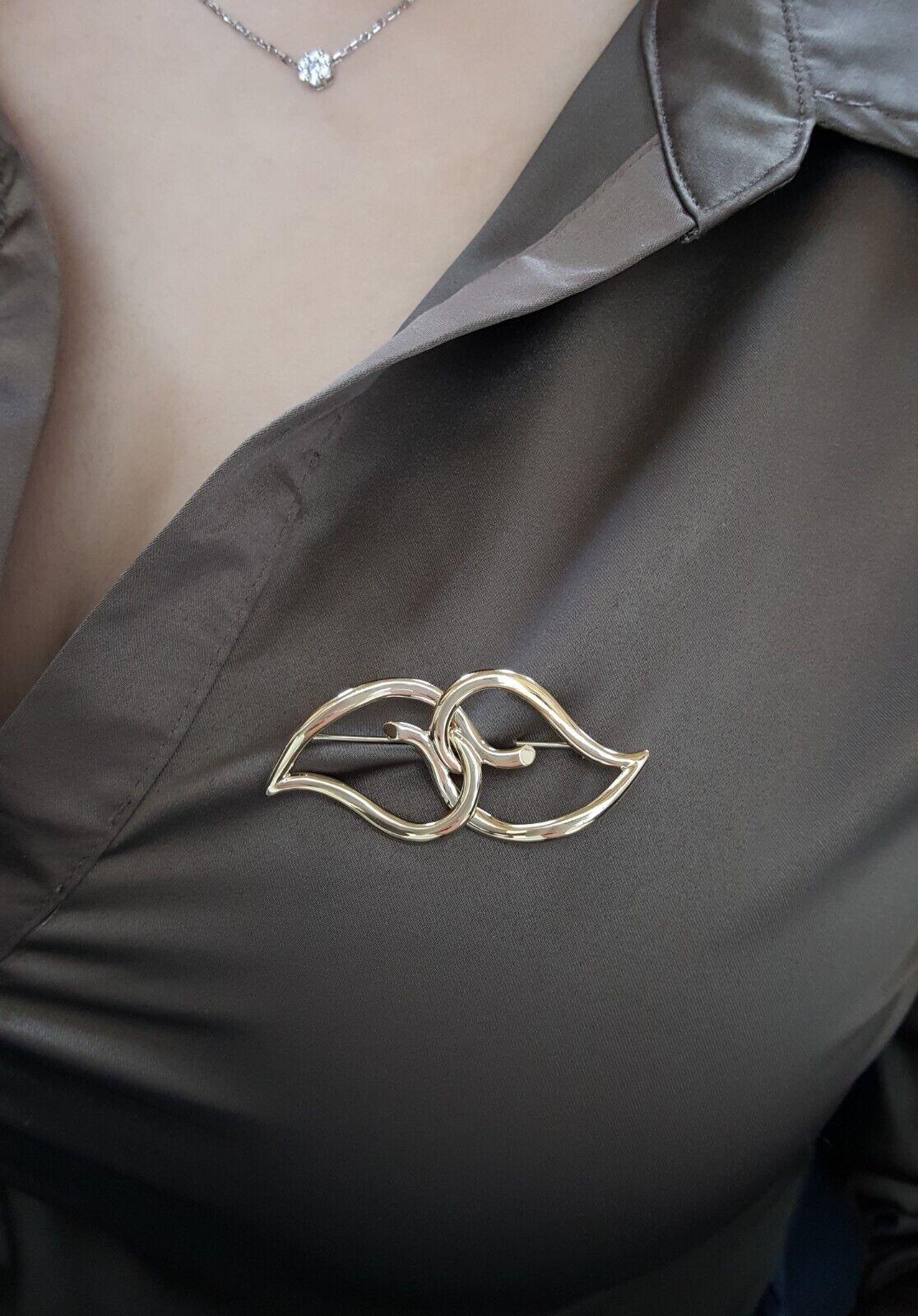 Tiffany & Co Vintage 18K Yellow Gold Double Leaf Heart Brooch Pin 12.6 g 55mm