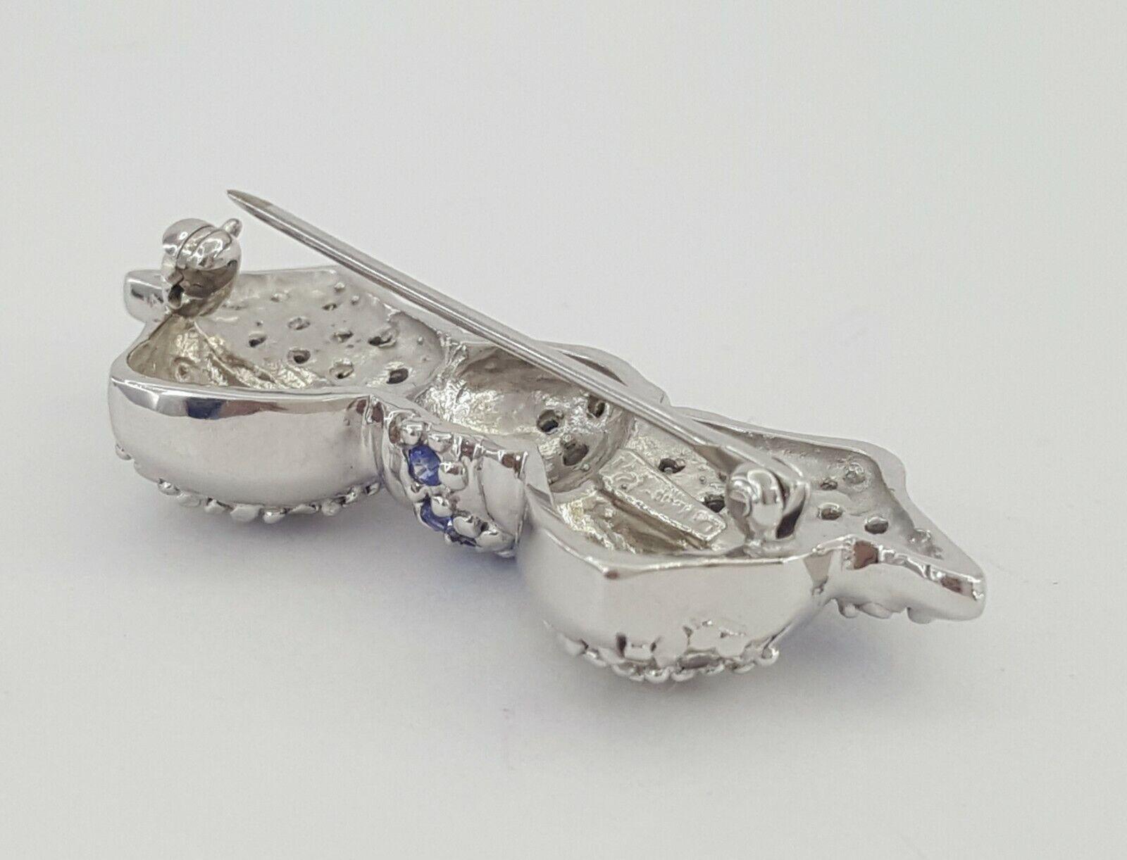 LeVian Le Vian 14K White Gold 0.87 ct Blue Sapphire & Diamond Bow Pin Brooch