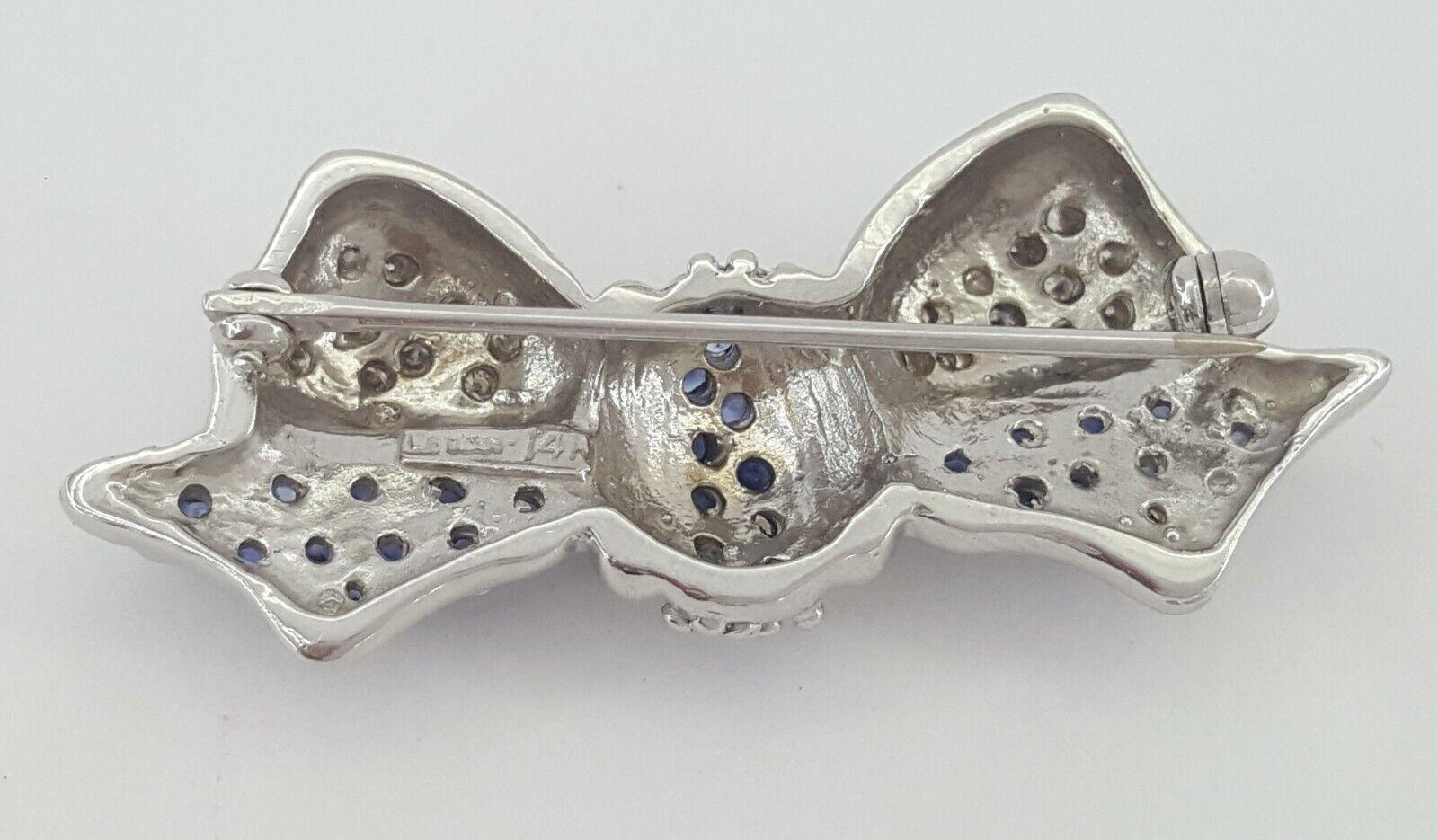 LeVian Le Vian 14K White Gold 0.87 ct Blue Sapphire & Diamond Bow Pin Brooch
