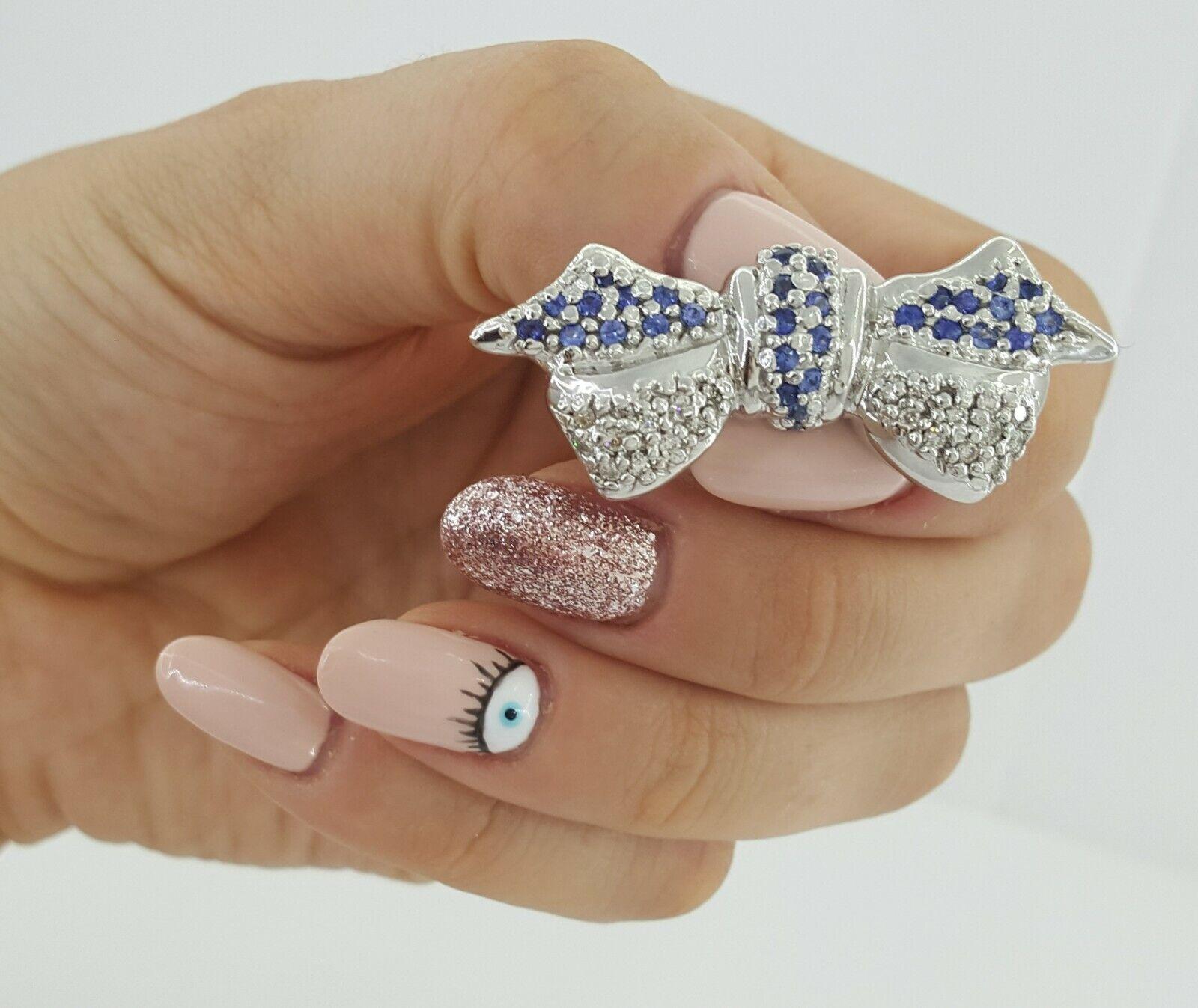 LeVian Le Vian 14K White Gold 0.87 ct Blue Sapphire & Diamond Bow Pin Brooch