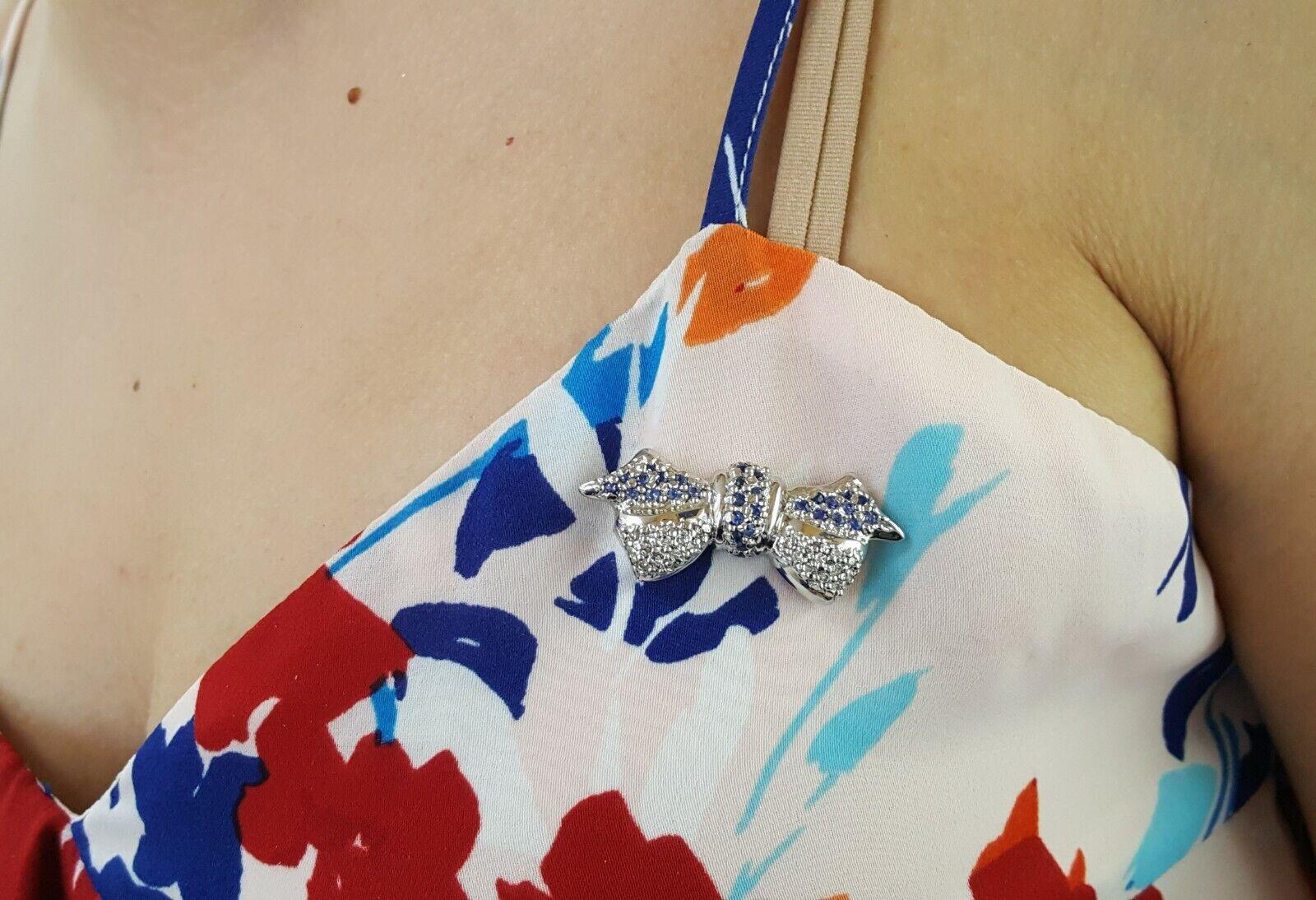 LeVian Le Vian 14K White Gold 0.87 ct Blue Sapphire & Diamond Bow Pin Brooch