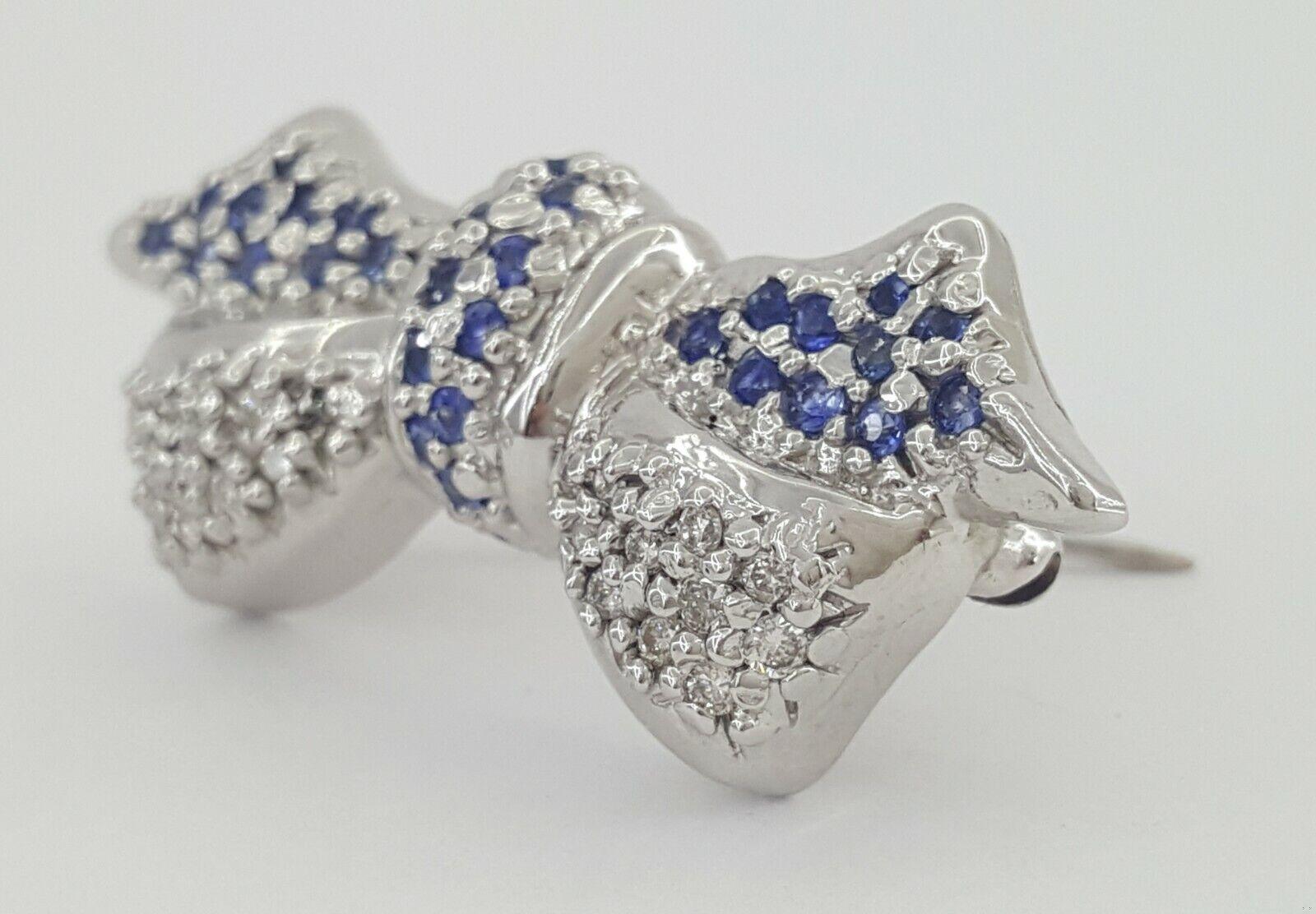 LeVian Le Vian 14K White Gold 0.87 ct Blue Sapphire & Diamond Bow Pin Brooch