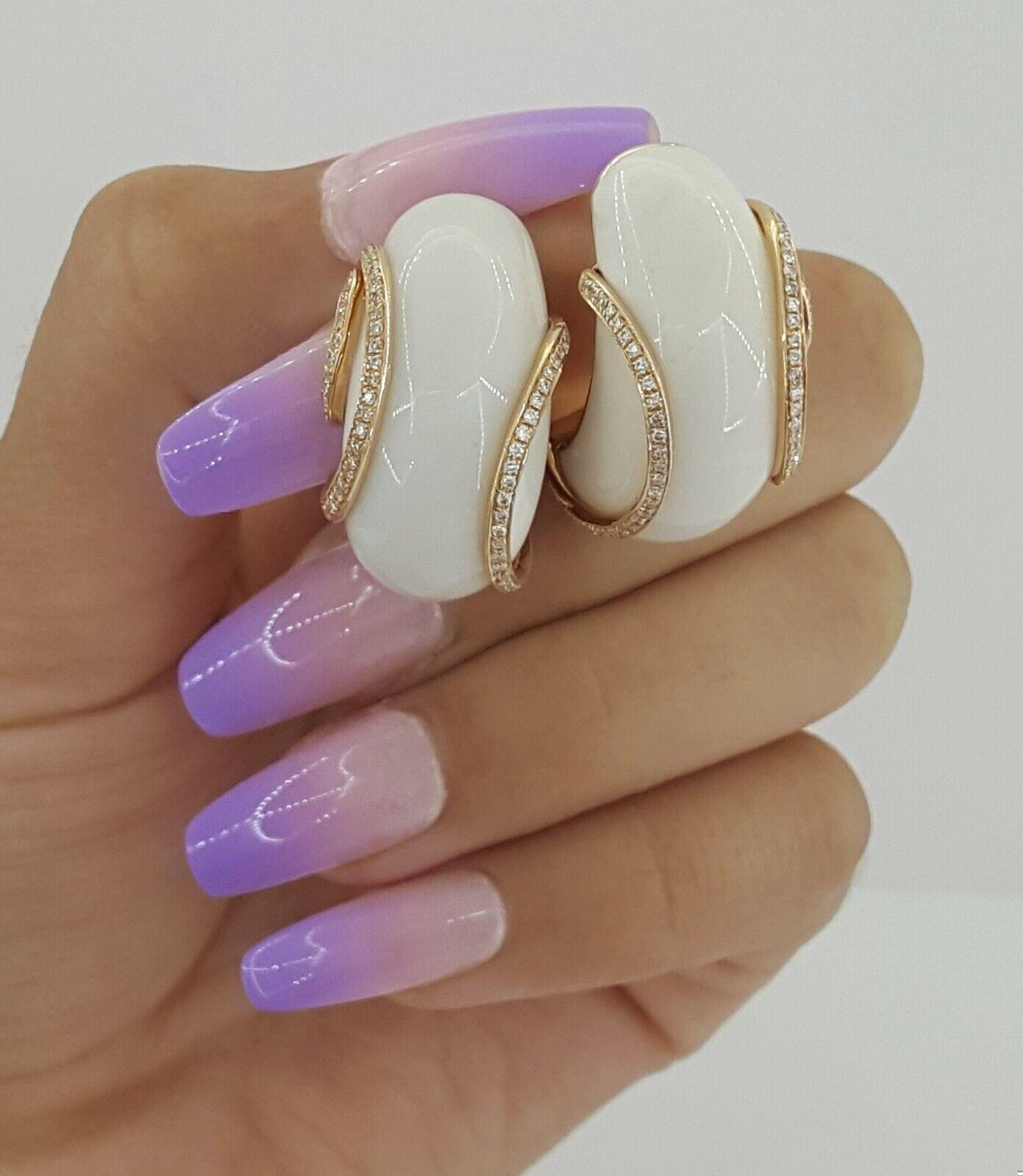 White Chalcedony & Round Diamond Earrings 0.75 ct 18k Rose Gold Rtl 3995