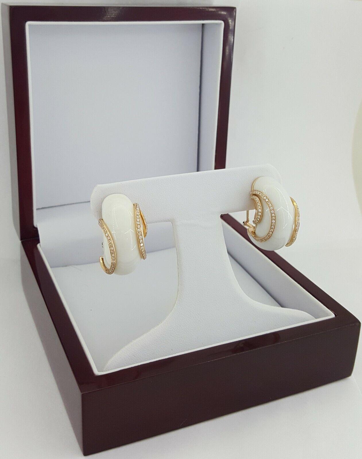 White Chalcedony & Round Diamond Earrings 0.75 ct 18k Rose Gold Rtl 3995