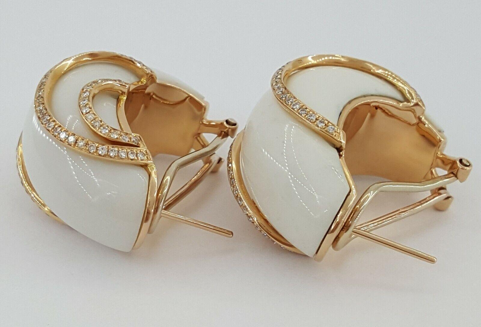 White Chalcedony & Round Diamond Earrings 0.75 ct 18k Rose Gold Rtl 3995