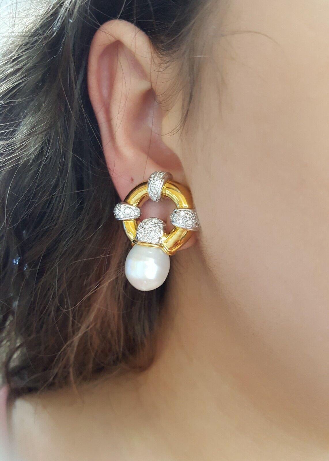 Vintage 18k Yellow Gold South Sea Pearl & 1.2 ct Diamond Earclips Earrings 31.1g