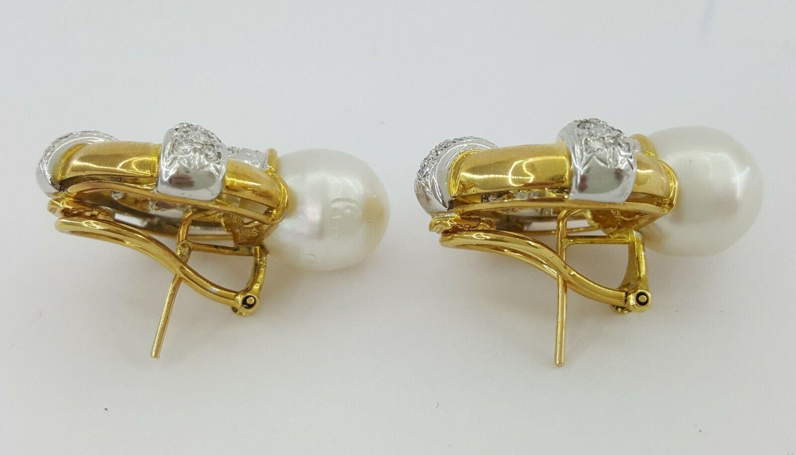 Vintage 18k Yellow Gold South Sea Pearl & 1.2 ct Diamond Earclips Earrings 31.1g