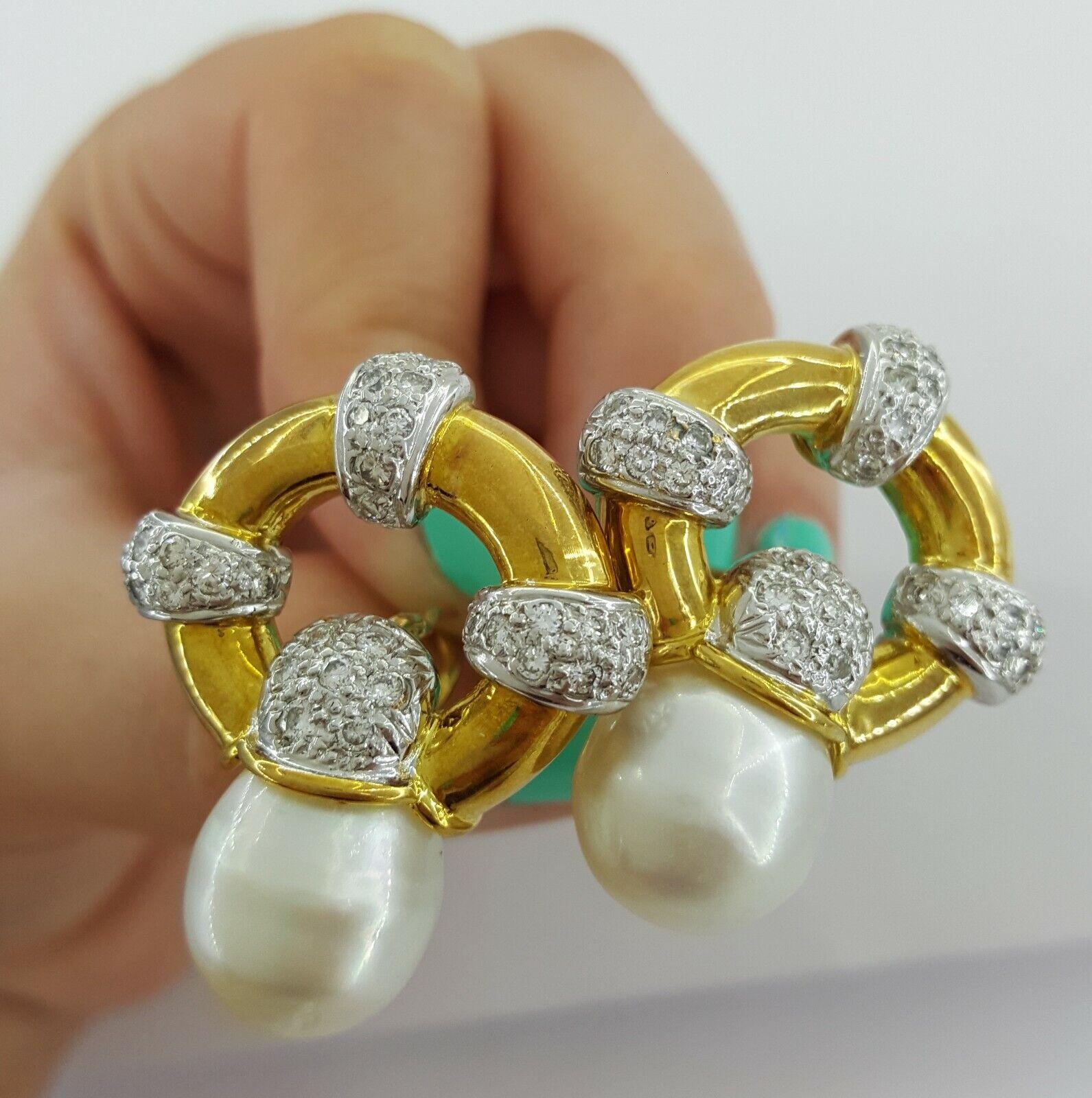 Vintage 18k Yellow Gold South Sea Pearl & 1.2 ct Diamond Earclips Earrings 31.1g