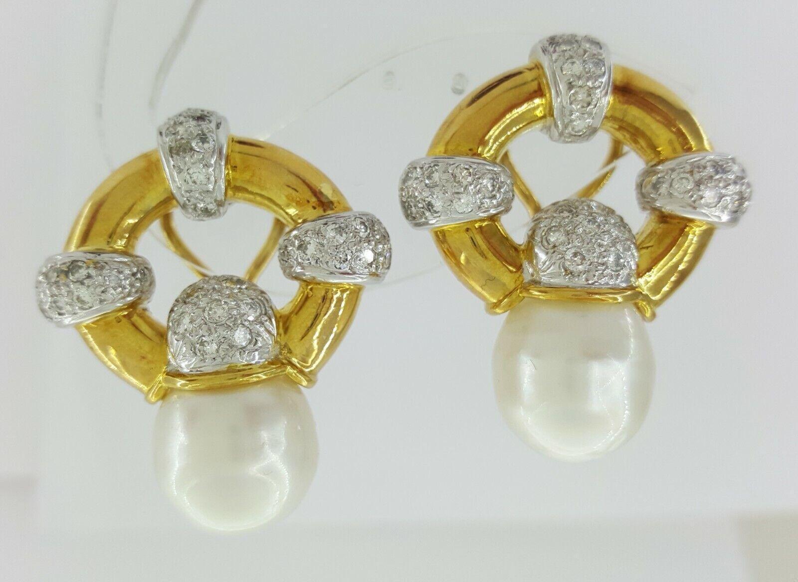 Vintage 18k Yellow Gold South Sea Pearl & 1.2 ct Diamond Earclips Earrings 31.1g