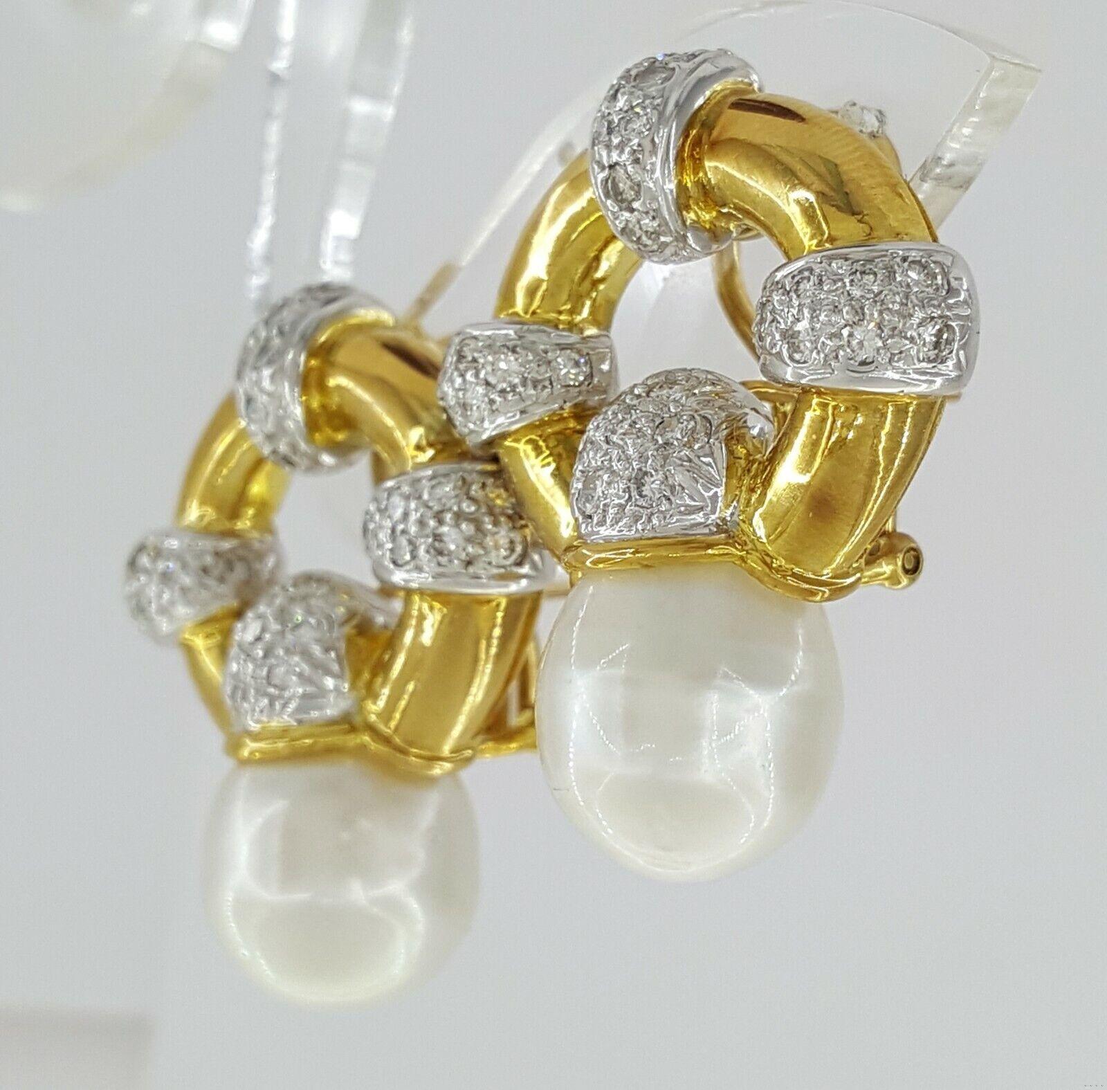 Vintage 18k Yellow Gold South Sea Pearl & 1.2 ct Diamond Earclips Earrings 31.1g