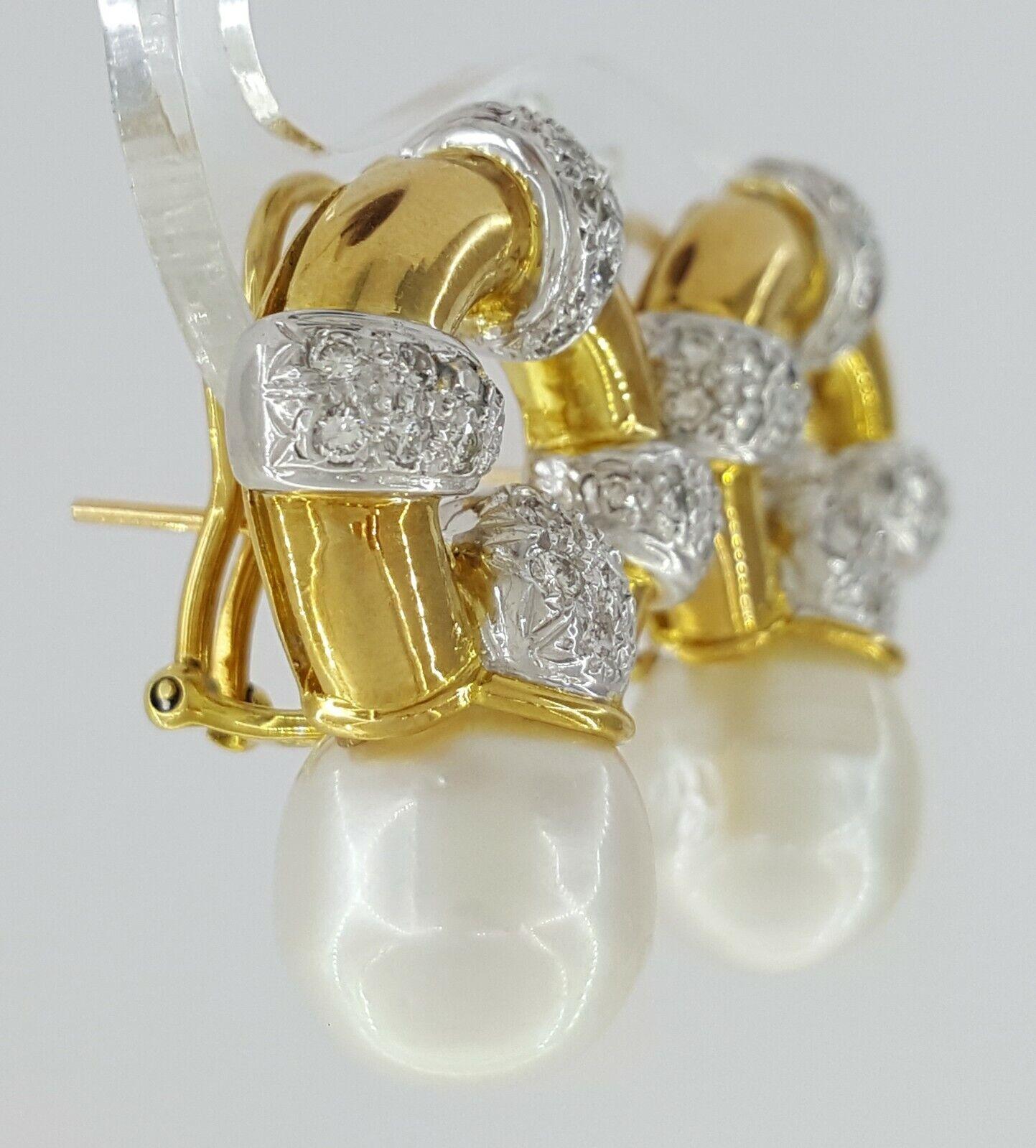 Vintage 18k Yellow Gold South Sea Pearl & 1.2 ct Diamond Earclips Earrings 31.1g