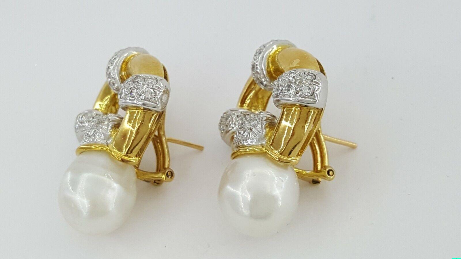 Vintage 18k Yellow Gold South Sea Pearl & 1.2 ct Diamond Earclips Earrings 31.1g