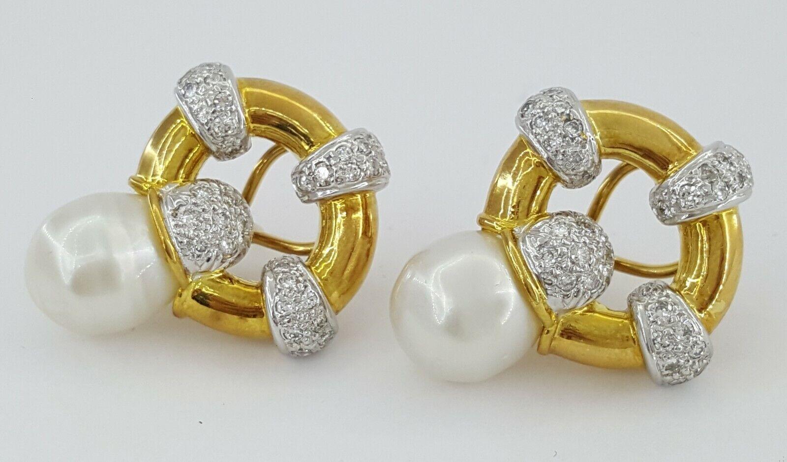 Vintage 18k Yellow Gold South Sea Pearl & 1.2 ct Diamond Earclips Earrings 31.1g