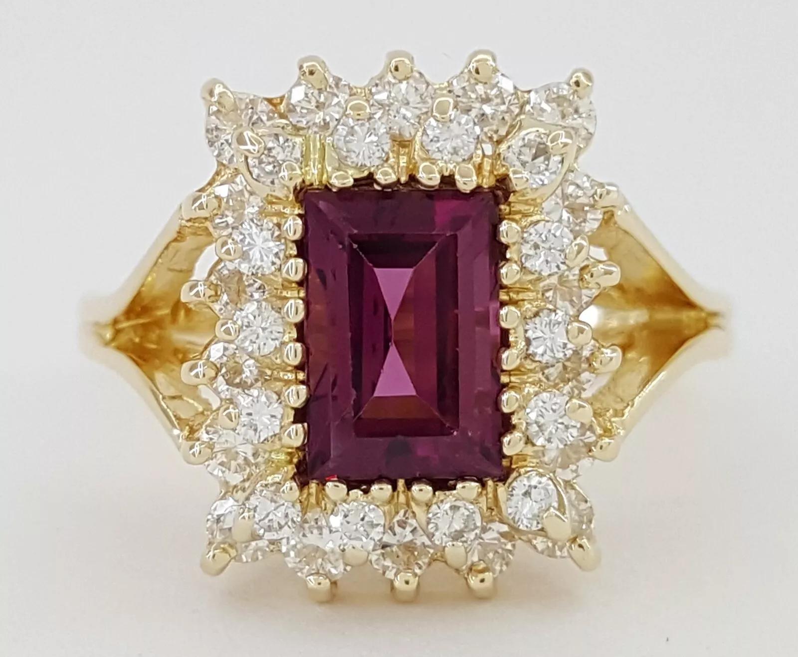 Purple-Pink Gemstone Diamond Double Halo Statement Ring 2.15 ct 14k Yellow Gold