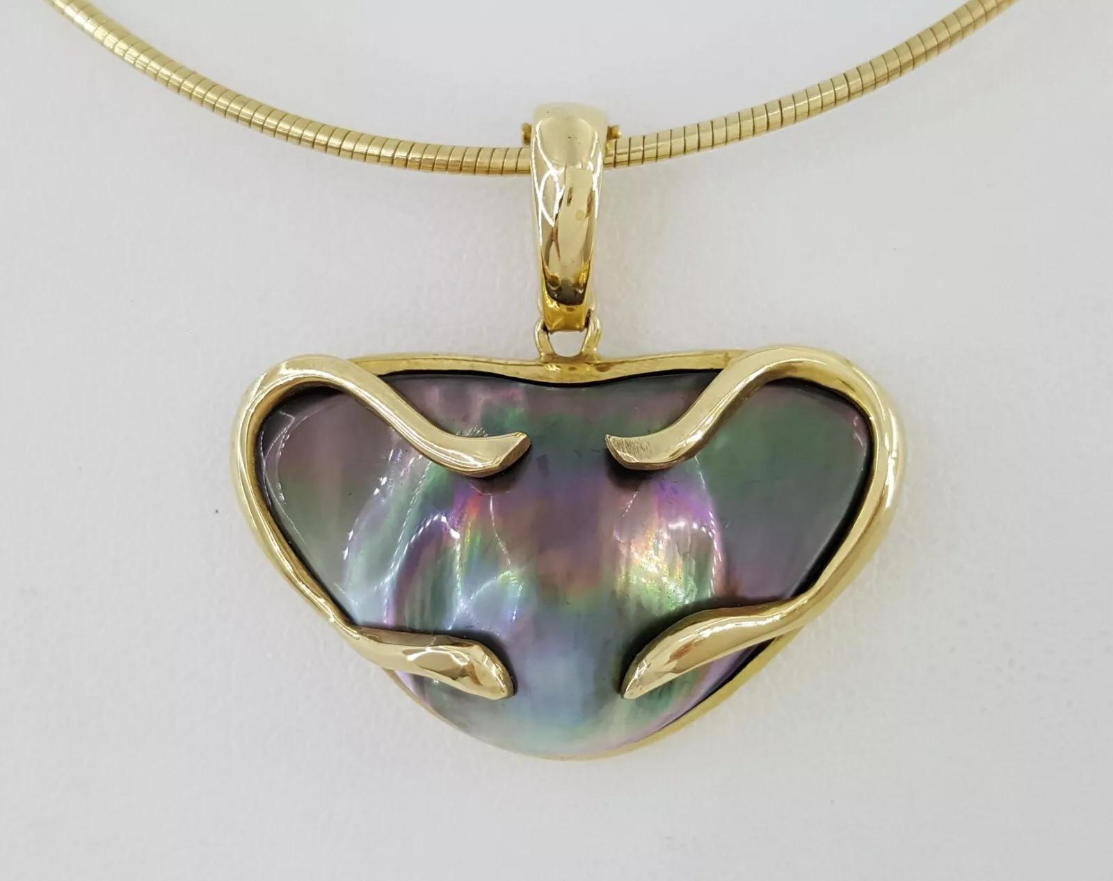 Tahitian Mabe Blister Pearl Slider Enchanter Necklace 14k Yellow Gold 20.3 Grams