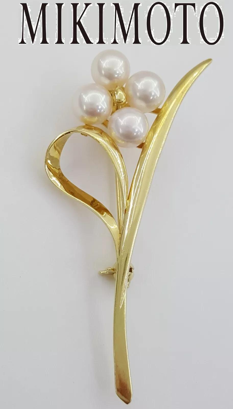 Vintage Mikimoto 18k Yellow Gold Leaf Akoya Pearl Pin Brooch 6.5 Grams
