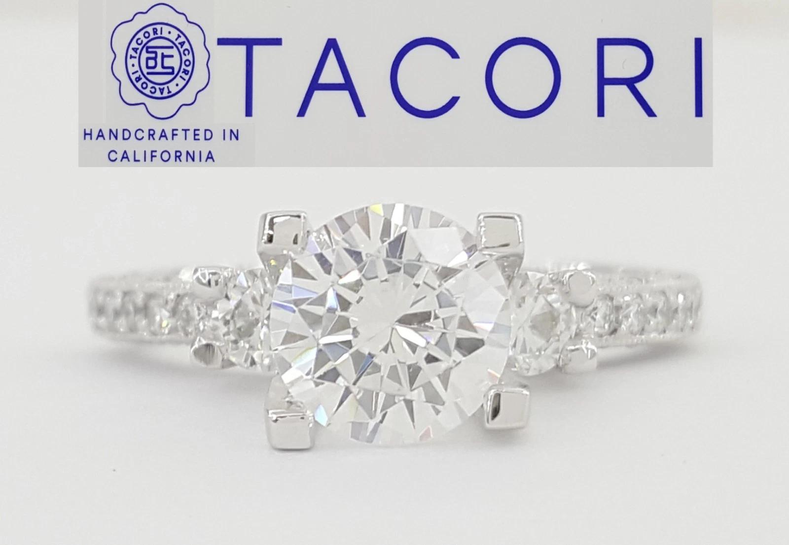 Tacori Crescent 18k W Gold Semi-Mount Round Three Stone 0.48 ct Engagement Ring