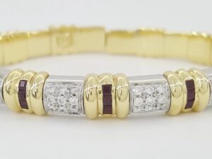 Pave Diamond & Ruby Bangle Bracelet Italy 0.72 ct 18K Two-Tone Gold 32.7 Grams