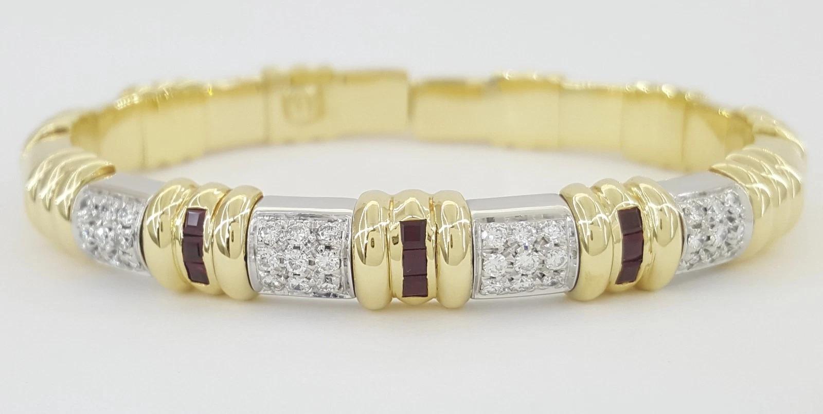 Pave Diamond & Ruby Bangle Bracelet Italy 0.72 ct 18K Two-Tone Gold 32.7 Grams