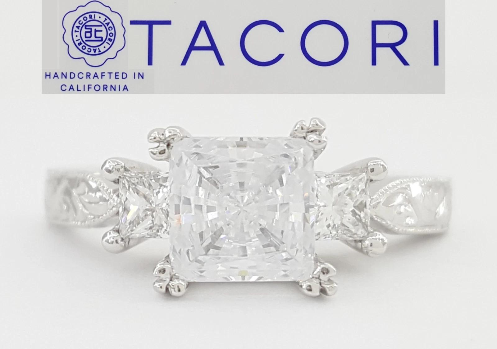 Tacori Princess Cut 3-Stone Engagement Ring Semi-Mount 0.3 ct Platinum Rt $4,860