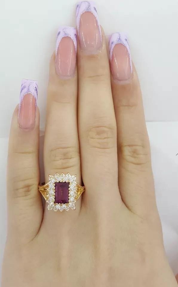 Purple-Pink Gemstone Diamond Double Halo Statement Ring 2.15 ct 14k Yellow Gold