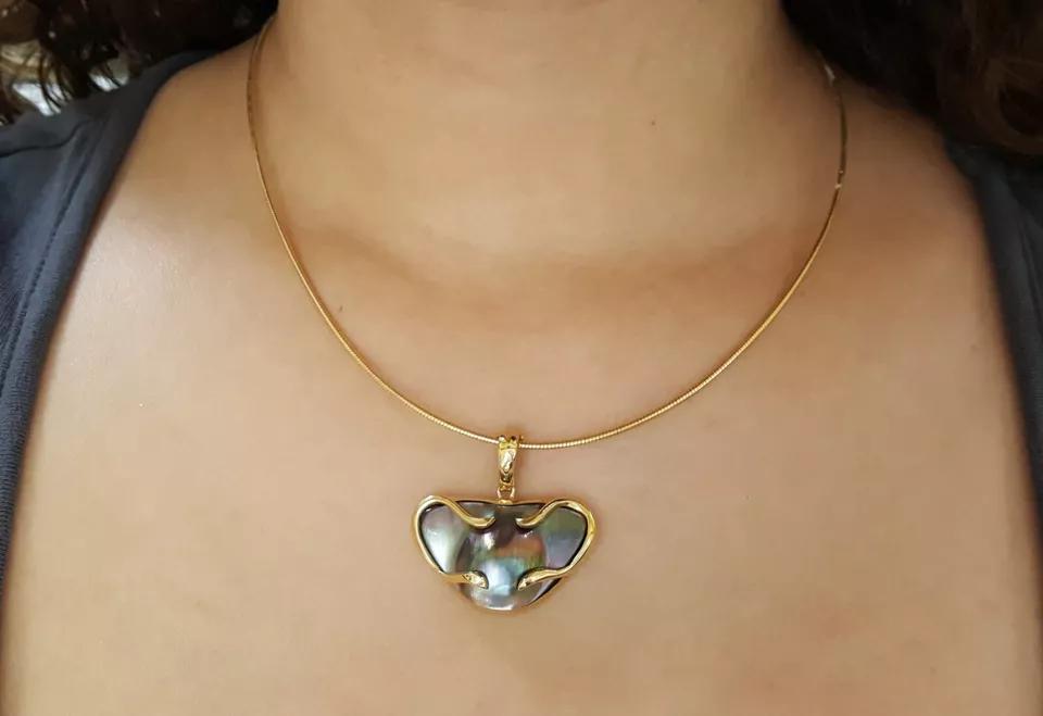 Tahitian Mabe Blister Pearl Slider Enchanter Necklace 14k Yellow Gold 20.3 Grams