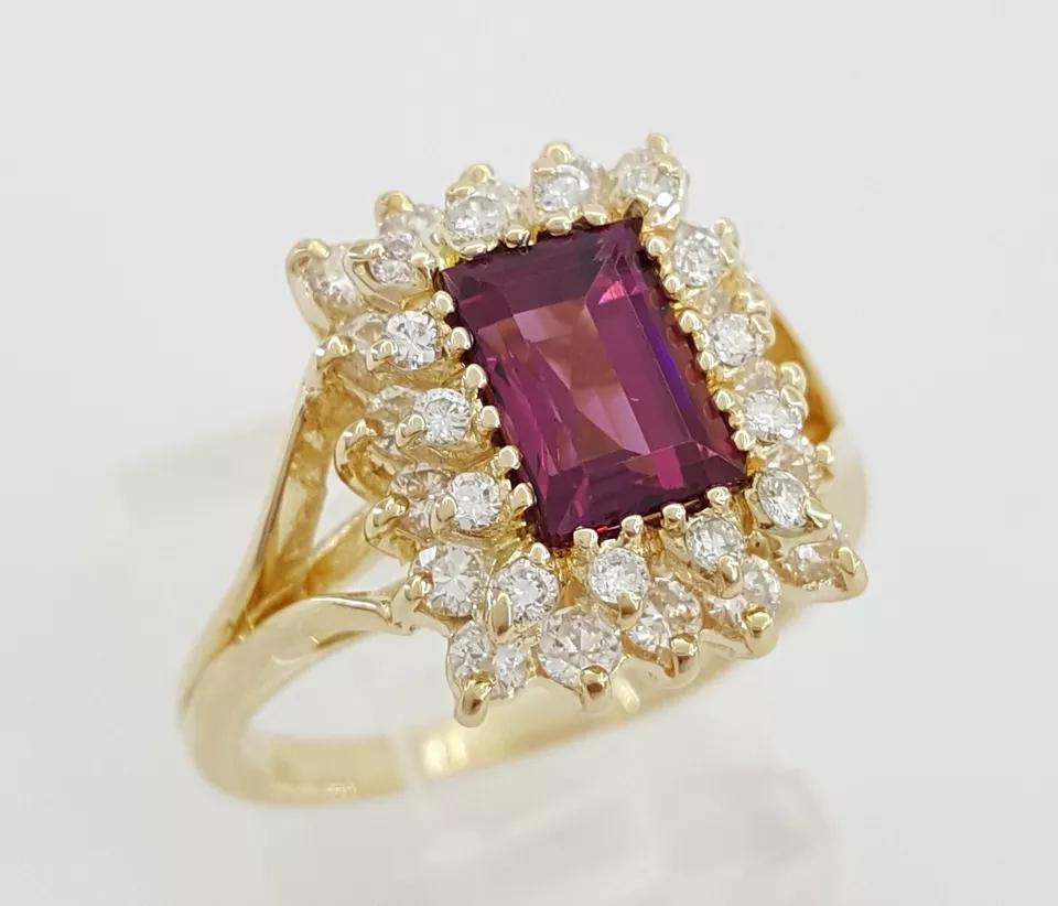 Purple-Pink Gemstone Diamond Double Halo Statement Ring 2.15 ct 14k Yellow Gold