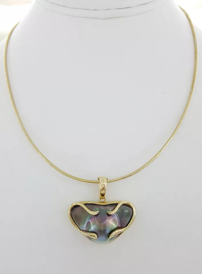 Tahitian Mabe Blister Pearl Slider Enchanter Necklace 14k Yellow Gold 20.3 Grams