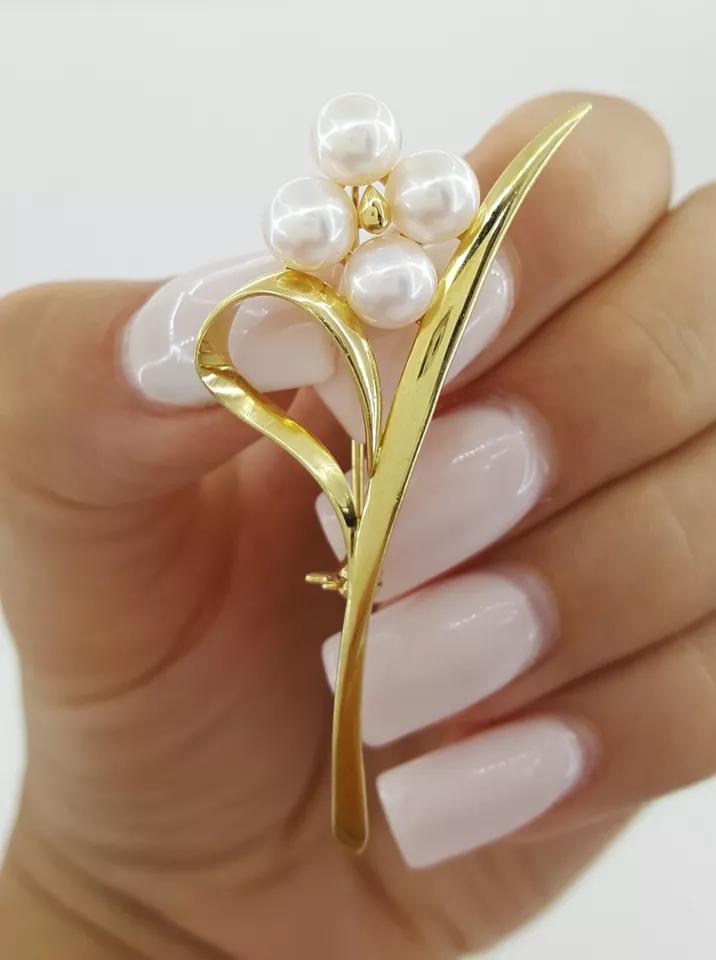 Vintage Mikimoto 18k Yellow Gold Leaf Akoya Pearl Pin Brooch 6.5 Grams