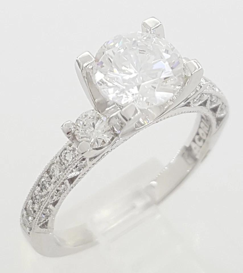 Tacori Crescent 18k W Gold Semi-Mount Round Three Stone 0.48 ct Engagement Ring