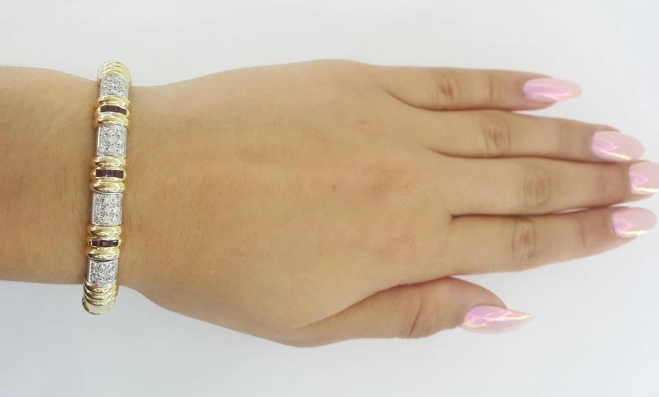 Pave Diamond & Ruby Bangle Bracelet Italy 0.72 ct 18K Two-Tone Gold 32.7 Grams