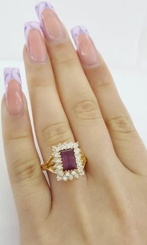 Purple-Pink Gemstone Diamond Double Halo Statement Ring 2.15 ct 14k Yellow Gold