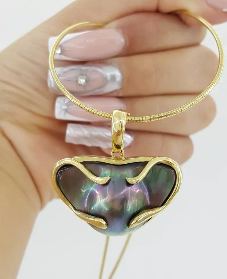 Tahitian Mabe Blister Pearl Slider Enchanter Necklace 14k Yellow Gold 20.3 Grams