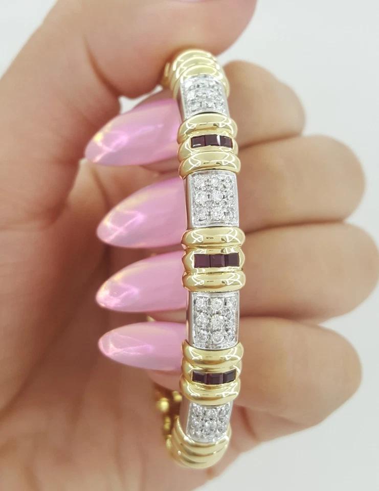 Pave Diamond & Ruby Bangle Bracelet Italy 0.72 ct 18K Two-Tone Gold 32.7 Grams