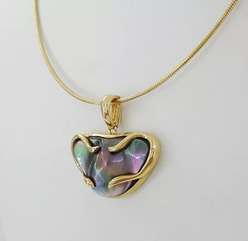 Tahitian Mabe Blister Pearl Slider Enchanter Necklace 14k Yellow Gold 20.3 Grams