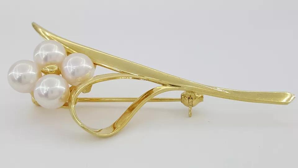 Vintage Mikimoto 18k Yellow Gold Leaf Akoya Pearl Pin Brooch 6.5 Grams