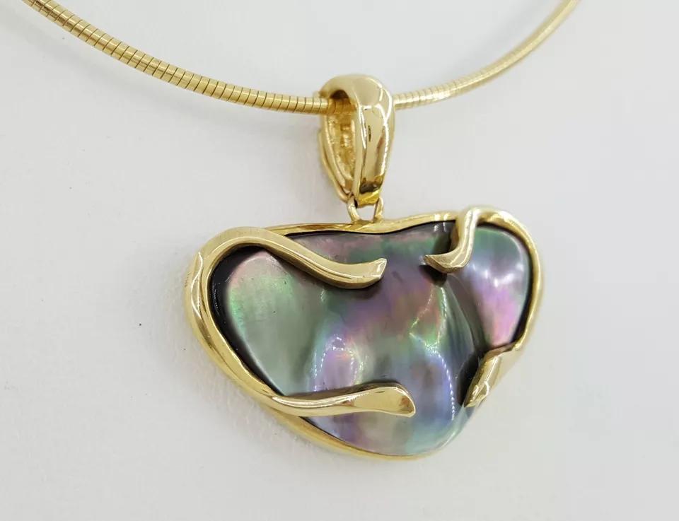 Tahitian Mabe Blister Pearl Slider Enchanter Necklace 14k Yellow Gold 20.3 Grams