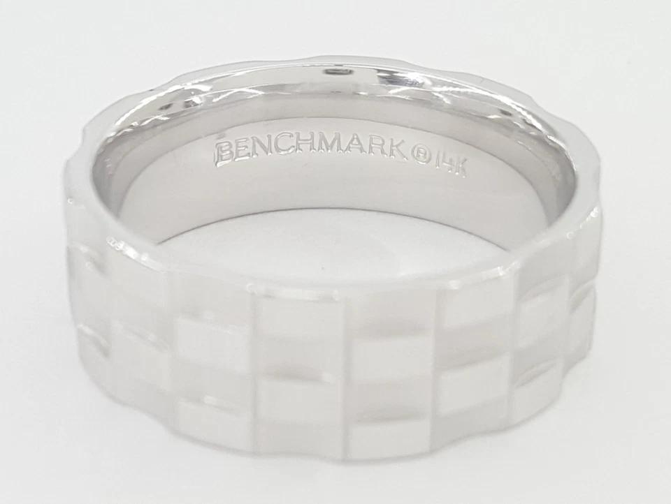Benchmark Wedding Band 14k White Gold 8 mm 10.5 grams Size 10 Checkered Pattern
